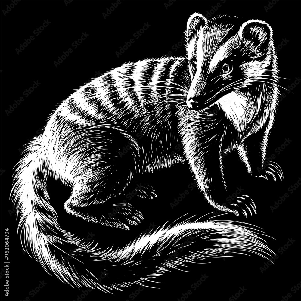 Obraz premium A black and white drawing of a striped animal with a long tail