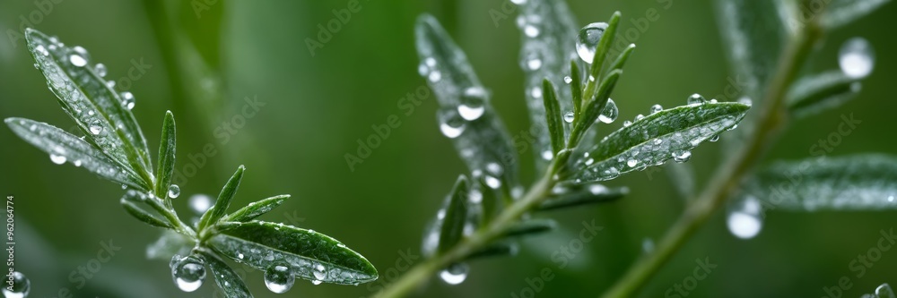 close-up image of a green plant with droplets of water on its leaves, taken in natural light.