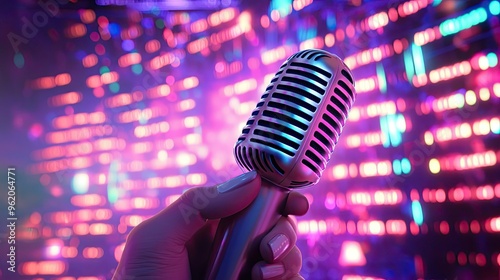 A hand holding a microphone with bright karaoke lyrics on a screen behind, creating an energetic and fun-filled karaoke scene photo