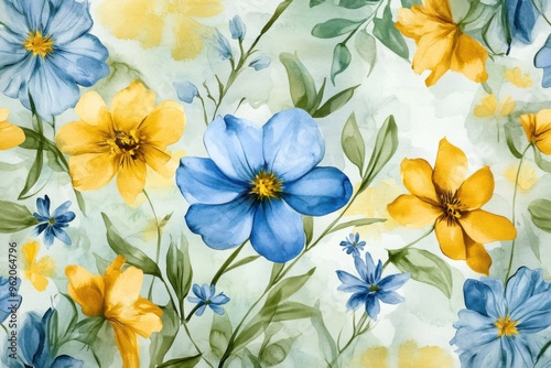 Blue and yellow floral pattern design for spring decor and art prints