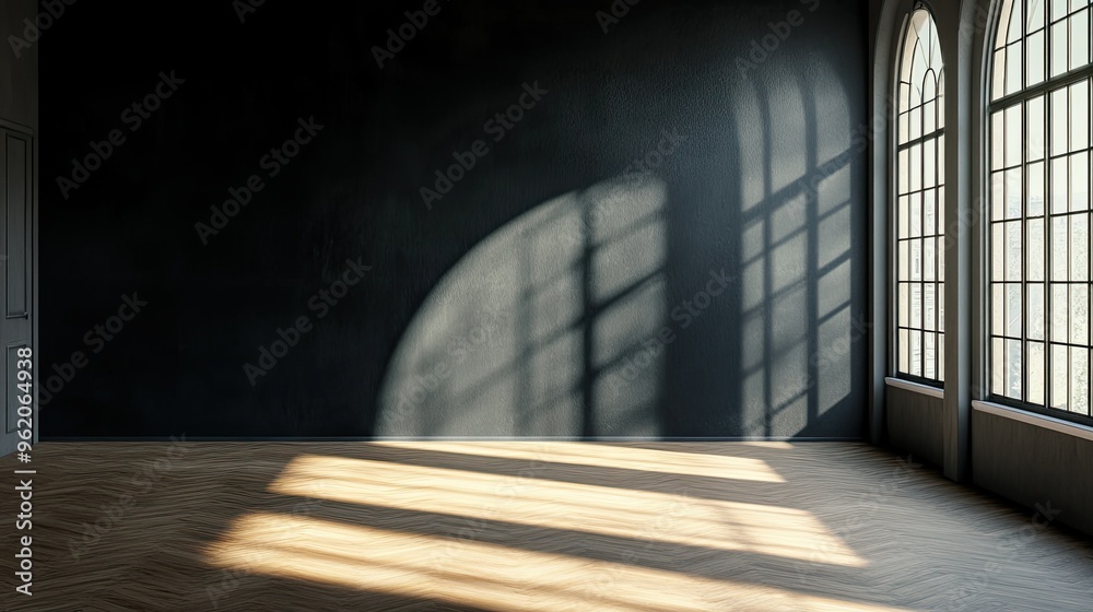 A large empty room with a black wall, a smooth parquet floor, and a soft light filtering in from a high window, creating a serene and minimalist ambiance A large empty room with a black wall, a smooth parquet floor, and a soft light filtering in from a high window, creating a serene and minimalist ambiance
