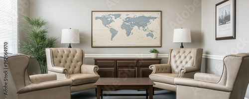 A professional-looking office room with neutral colors, leather furniture, and a large world map, office room, professional, world map photo