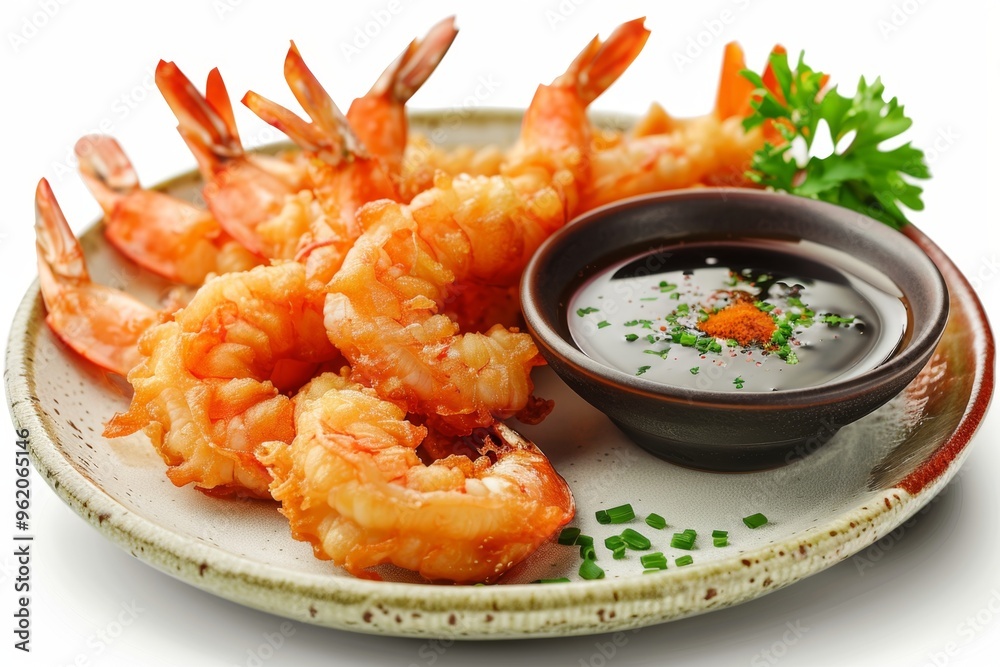 Delicious tempura shrimp with a side of dipping sauce Delicious tempura shrimp with a side of dipping sauce