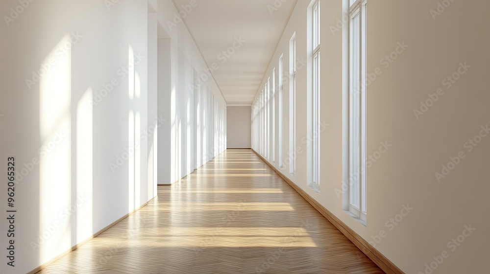 A narrow, empty corridor with sleek parquet flooring, plain white walls, and soft ambient light filtering through small windows on the side A narrow, empty corridor with sleek parquet flooring, plain white walls, and soft ambient light filtering through small windows on the side