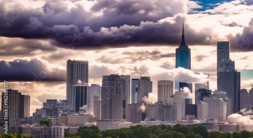Timelapse of a city’s skyline with moving clouds.
