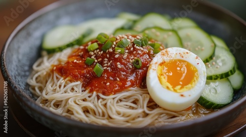 A plate of spicy Korean bibim guksu with cold wheat noodles, cucumber, and a boiled egg, topped with a spicy gochujang sauce photo