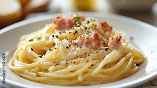 A plate of traditional Italian carbonara with spaghetti noodles, pancetta, and a creamy egg sauce, garnished with black pepper and Parmesan