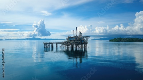 A wide view of the central production platform in Indonesia, surrounded by calm ocean waters and a backdrop of distant islands