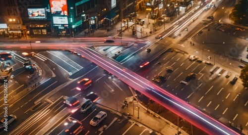 Night view of a busy intersection with cars and pedestrians.
