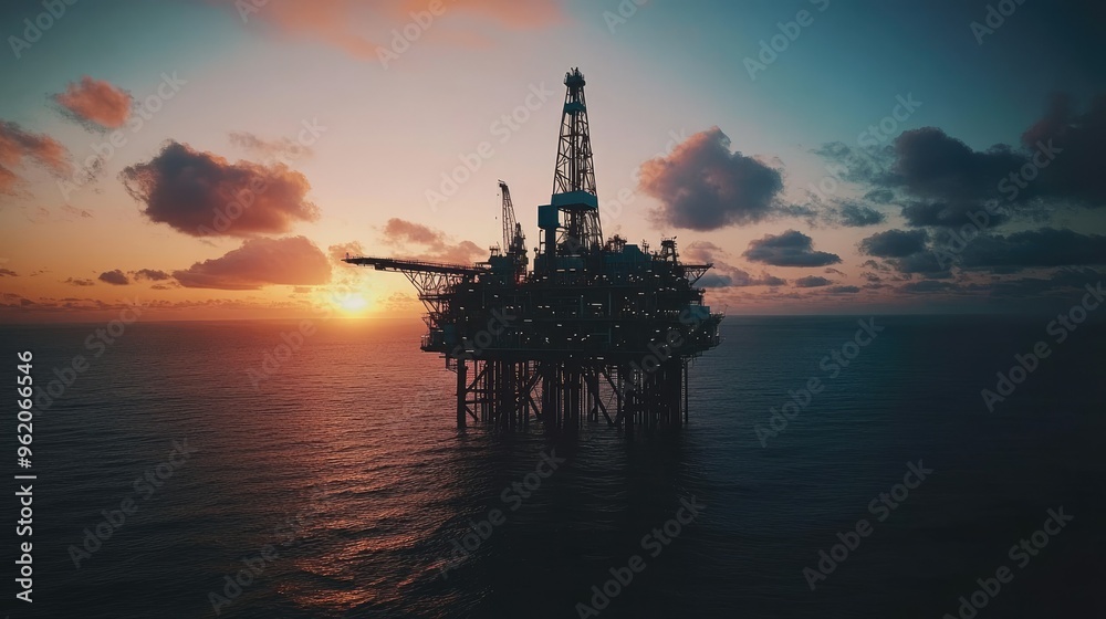 Aerial perspective of an offshore jack-up rig silhouette during sunset, with dramatic colors painting the sky and ocean Aerial perspective of an offshore jack-up rig silhouette during sunset, with dramatic colors painting the sky and ocean