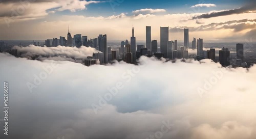 Timelapse of clouds moving over a city skyline.
