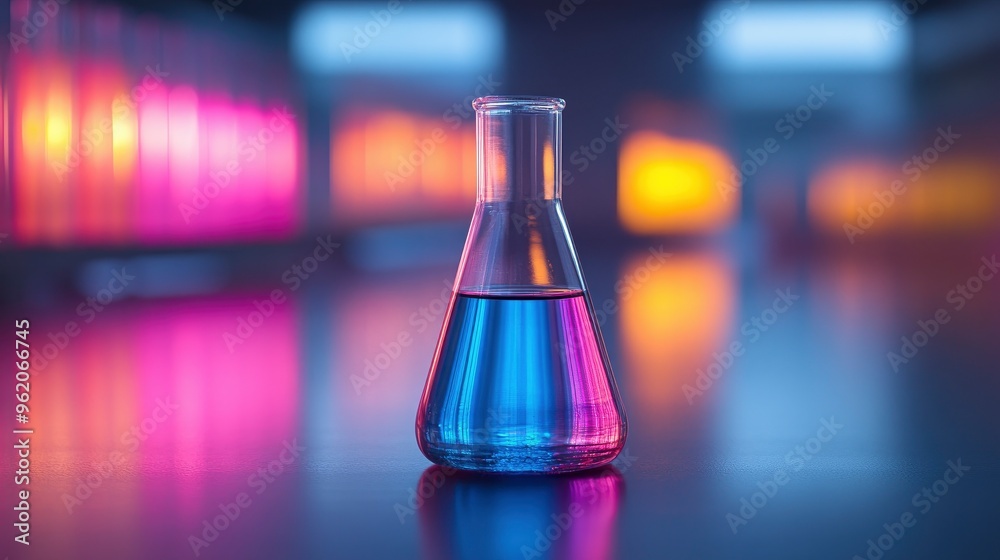 Erlenmeyer Flask with Blue Liquid in a Laboratory Setting Erlenmeyer Flask with Blue Liquid in a Laboratory Setting