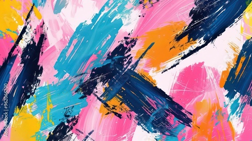 Abstract painting with pink, blue, yellow, and black brushstrokes.