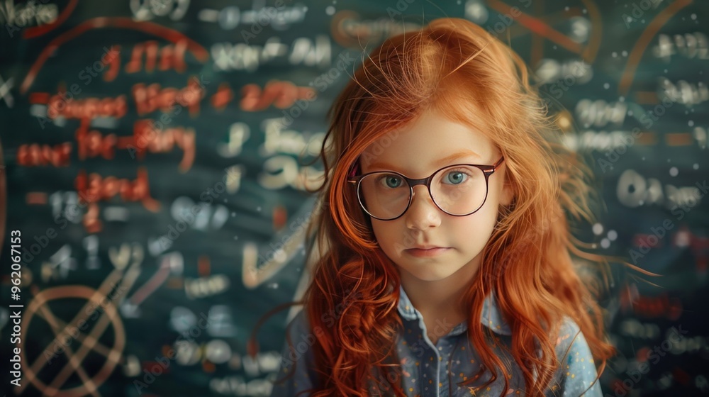Redhead girl with glasses standing in front of a chalkboard Redhead girl with glasses standing in front of a chalkboard