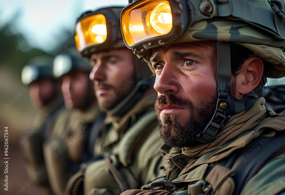 Close-up of a soldier wearing a helmet with a light, symbolizing preparedness, determination, and readiness for any challenge in the field Close-up of a soldier wearing a helmet with a light, symbolizing preparedness, determination, and readiness for any challenge in the field