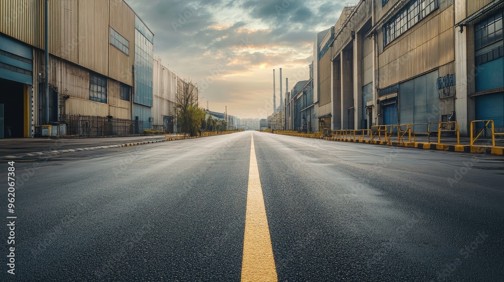 Fototapeta premium Asphalt road in a quiet industrial area, with empty streets and large factory buildings on both sides under overcast skies