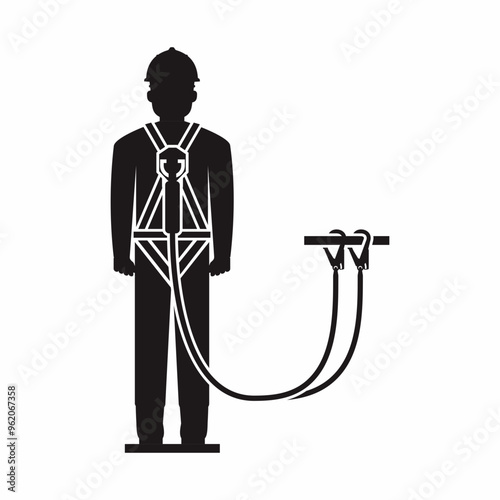 Silhouette of worker wearing full body harness and connected to the designated anchorage point as a fall protection for working at height safety standard.