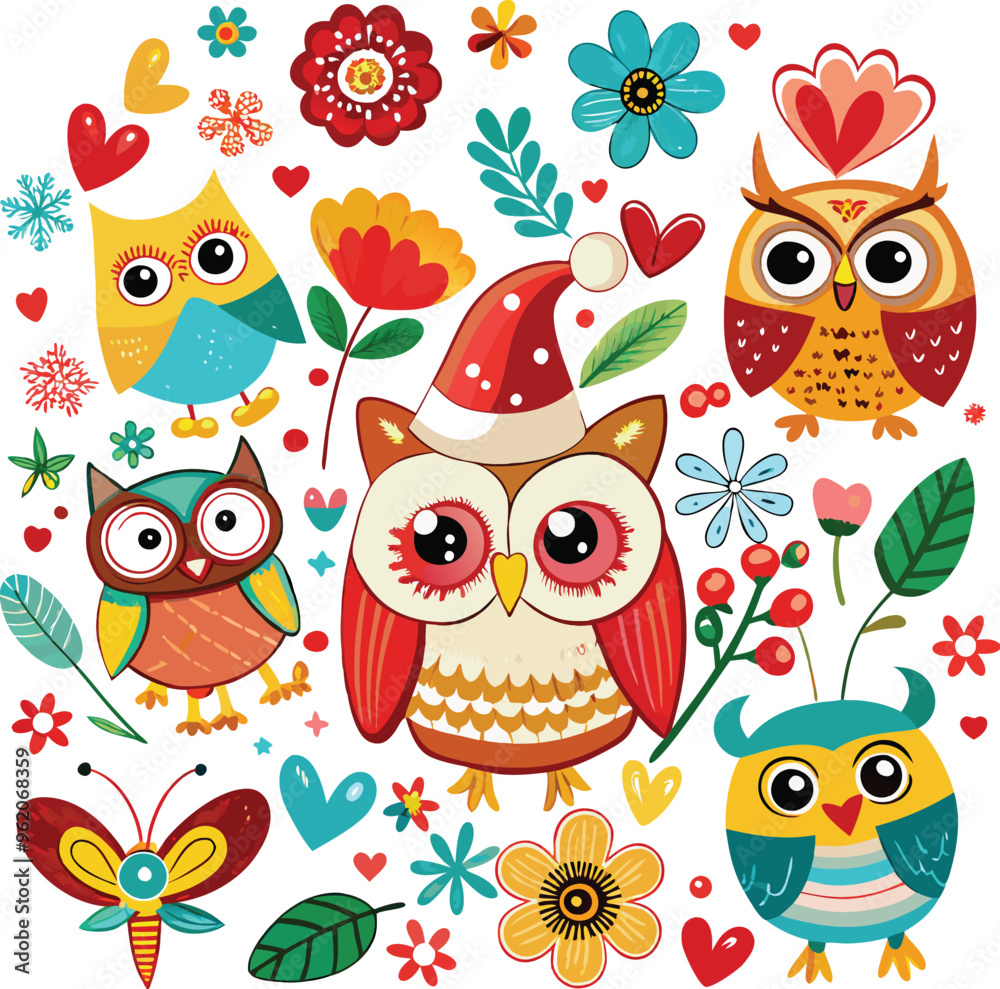Naklejka premium Cute Cartoon owls with Santa hat, butterflies, heart, glasses, Flower on white background. Vector illustration.