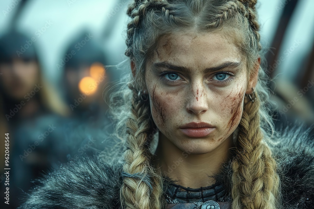 fierce viking shieldmaidens stand proud intricate braids and furs frame determined faces ancient weapons glint in firelight rugged nordic landscape behind fierce viking shieldmaidens stand proud intricate braids and furs frame determined faces ancient weapons glint in firelight rugged nordic landscape behind