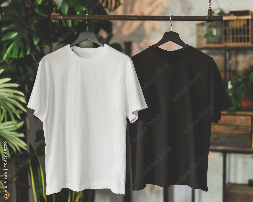T-shirt mock up of a black and white shirt on hangers T-shirt mock up of a black and white shirt on hangers