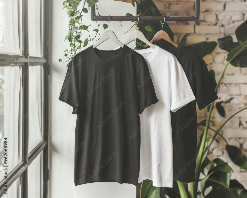 T-shirt mock up of a black and white shirt on hangers