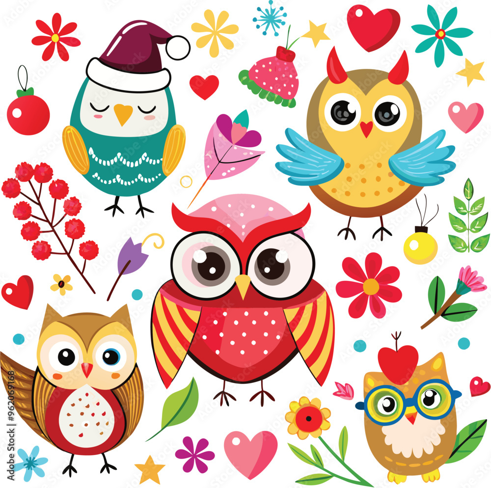 Obraz premium Cute Cartoon owls with Santa hat, butterflies, heart, glasses, Flower on white background. Vector illustration.