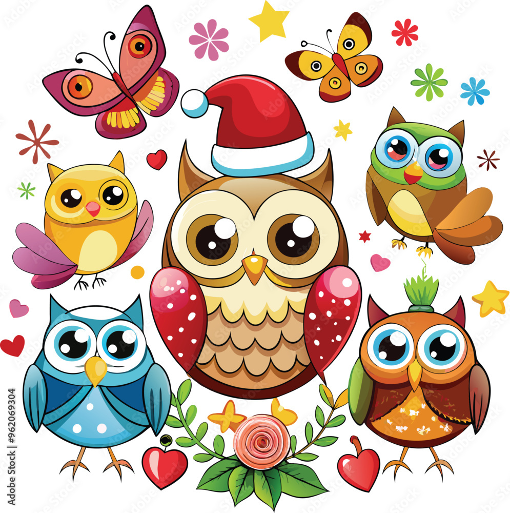 Obraz premium Cute Cartoon owls with Santa hat, butterflies, heart, glasses, Flower on white background. Vector illustration.