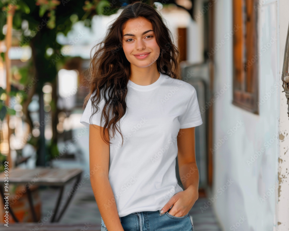 T-shirt mock up of a woman in a white shirt at a restaurant T-shirt mock up of a woman in a white shirt at a restaurant