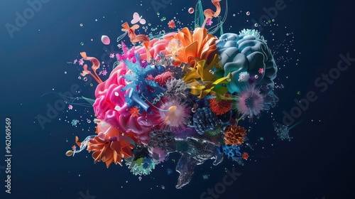 A colorful, abstract brain with a butterfly, flowers, and other abstract shapes floating around it.