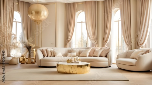 Very light and airy interior of an opulent, warm living room including a large floor window, stylish soft beige furniture with gold metallic accents, and wooden parquet flooring photo