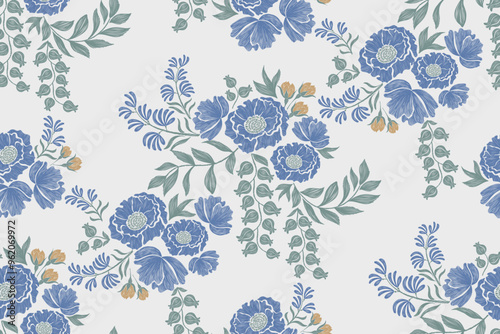 Blue floral pattern vintage ethnic modern tapestry embroidery texture boho design vector illustration hand drawn silhouette indigo flower motif branches leaves wallpaper seamless background border.