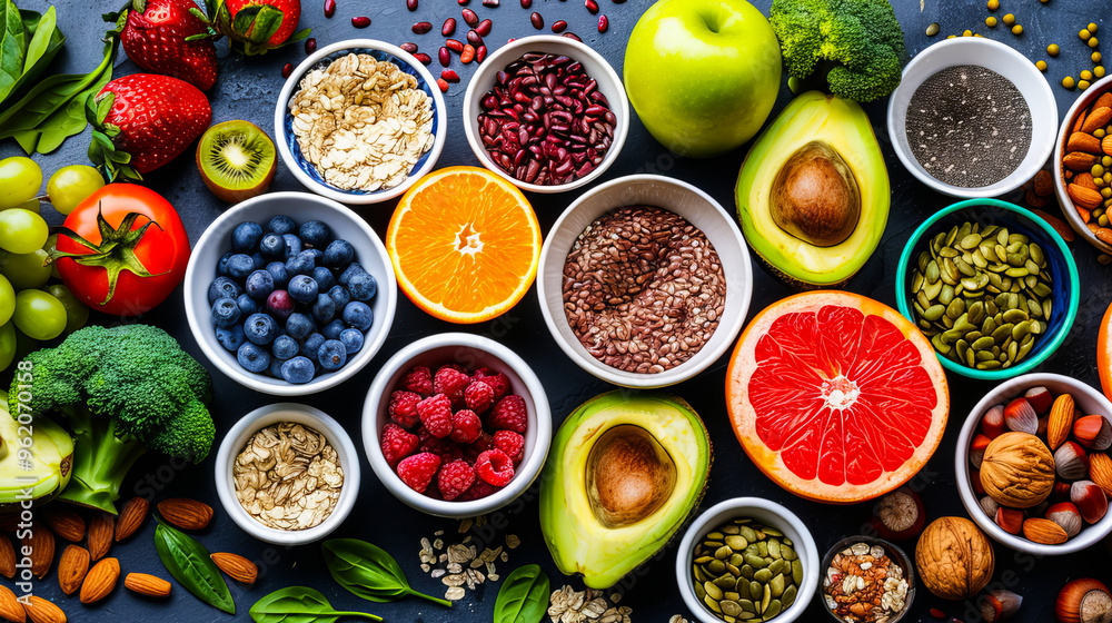 Flatlay of colorful healthy fresh fruits and dryfruits arranged neatly as a food background Flatlay of colorful healthy fresh fruits and dryfruits arranged neatly as a food background