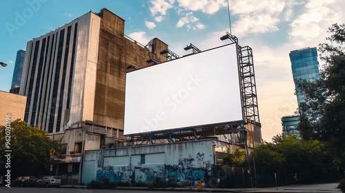 Blank billboard mounted on the side of an old building in downtown St. Louis, captured from a low-angle perspective during the golden hour. The scene emphasizes the contrast between the aging architec photo