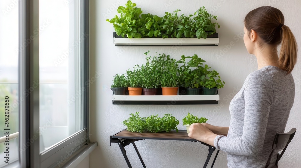 A compact balcony with a foldable table, chairs, and a small herb garden, home balcony, compact, herb garden A compact balcony with a foldable table, chairs, and a small herb garden, home balcony, compact, herb garden