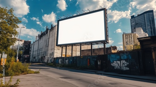 Blank billboard mounted on the side of an old building in downtown St. Louis, captured from a low-angle perspective during the golden hour. The scene emphasizes the contrast between the aging architec