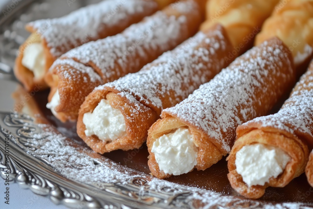 A platter of classic Italian cannoli filled with sweet ricotta and sprinkled with powdered sugar A platter of classic Italian cannoli filled with sweet ricotta and sprinkled with powdered sugar