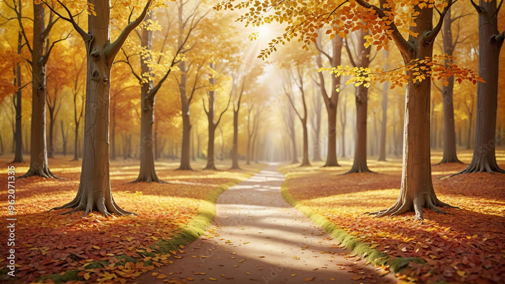 Naklejka premium Park trail in autumn sunlight, warm colors, late day