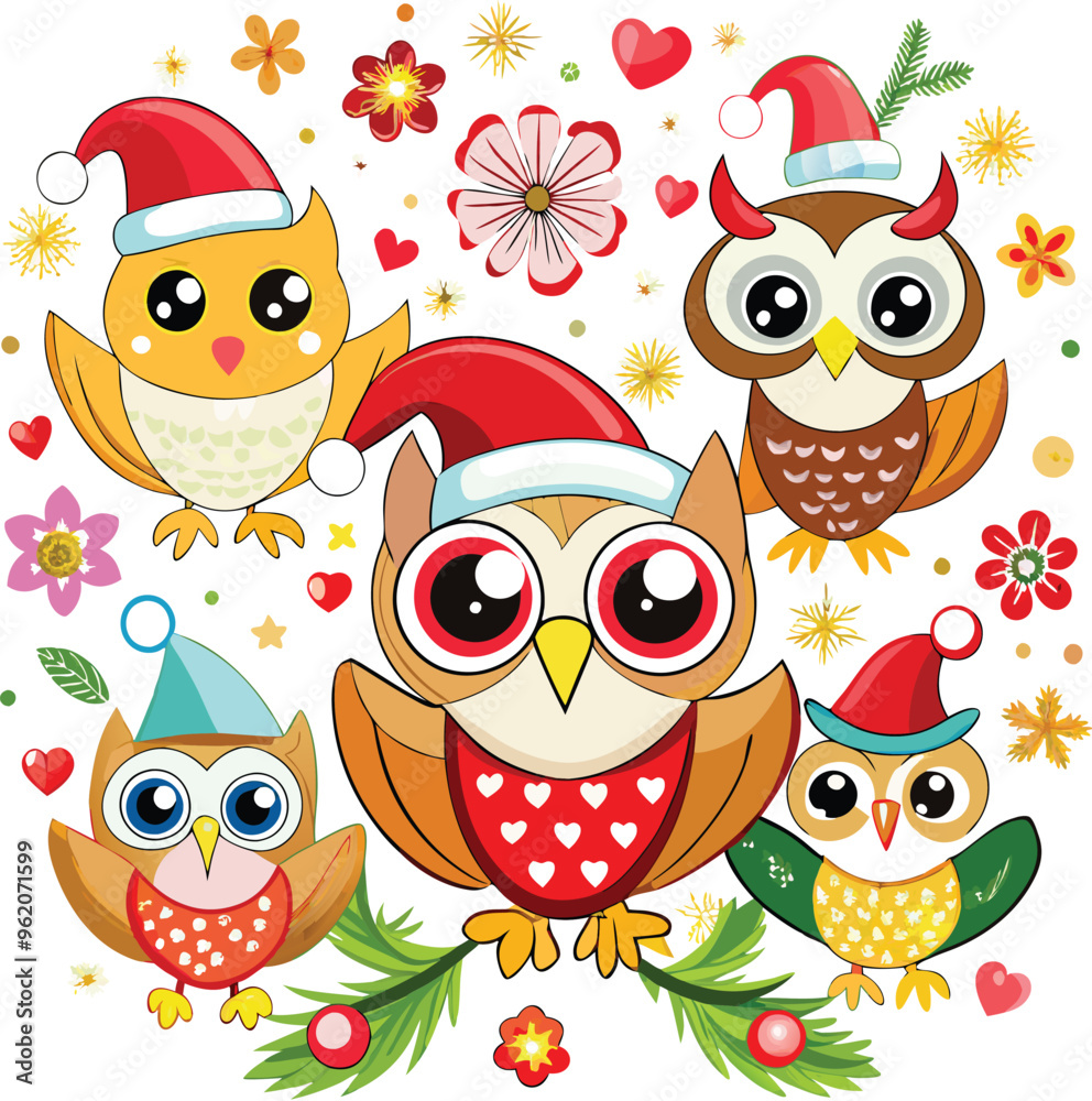 Fototapeta premium Cute Cartoon owls with Santa hat, butterflies, heart, glasses, Flower on white background. Vector illustration.
