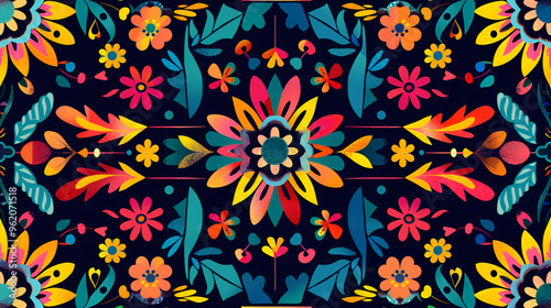 Bright Mexican floral pattern with vibrant colors and symmetrical design on dark background