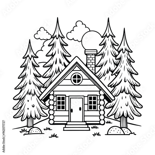 A cozy log cabin with smoke coming from the chimney, surrounded by tall, snowy pine trees, coloring page, holiday coloring page