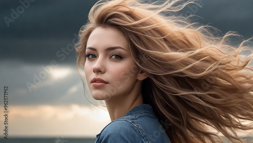 Young lady with thick hair blown by the wind