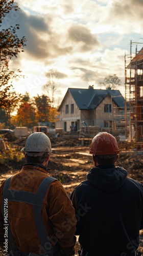 Construction Workers Looking at New Home Construction Site at Sunset