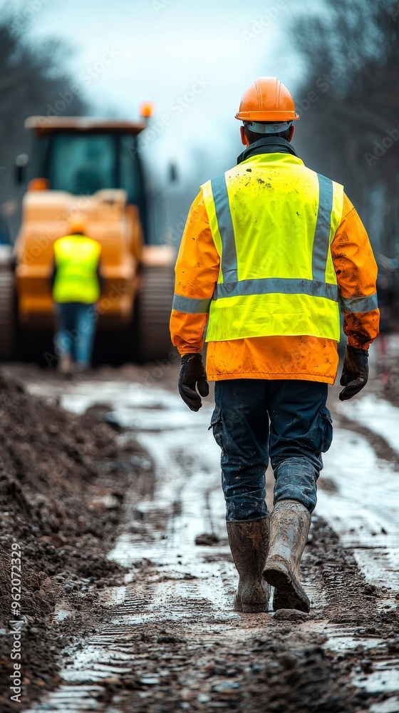 Construction Worker Walking on Muddy Road Construction Worker Walking on Muddy Road