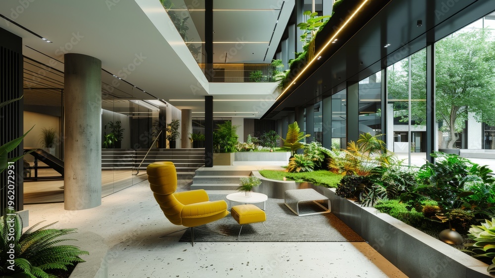 © Artinun - Eco-friendly building. Sustainable office building with garden on balconies for reducing carbon dioxide. Office building with green environment. Corporate building reduce CO2. Net zero building.