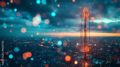 An abstract representation of a network tower as a beacon of digital transformation, with light particles and data elements converging over an urban evening panorama