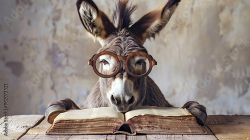 donkey sits at the table, too tired to read