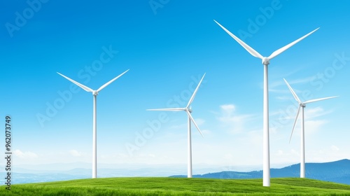 A photostock image of wind turbines generating green energy with a scenic backdrop, perfect for eco-friendly energy designs