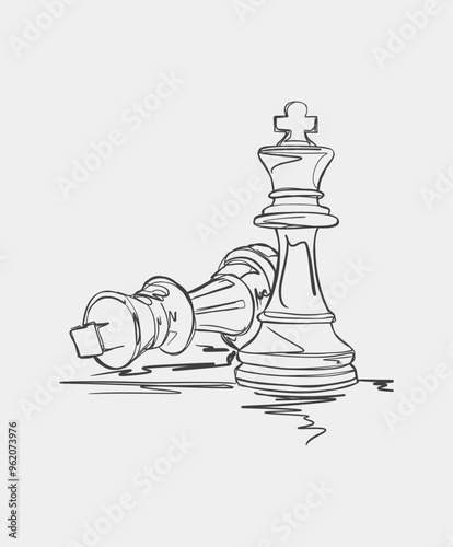Line drawing of a chess king standing while a fallen king lies on its side, symbolizing victory and strategy.