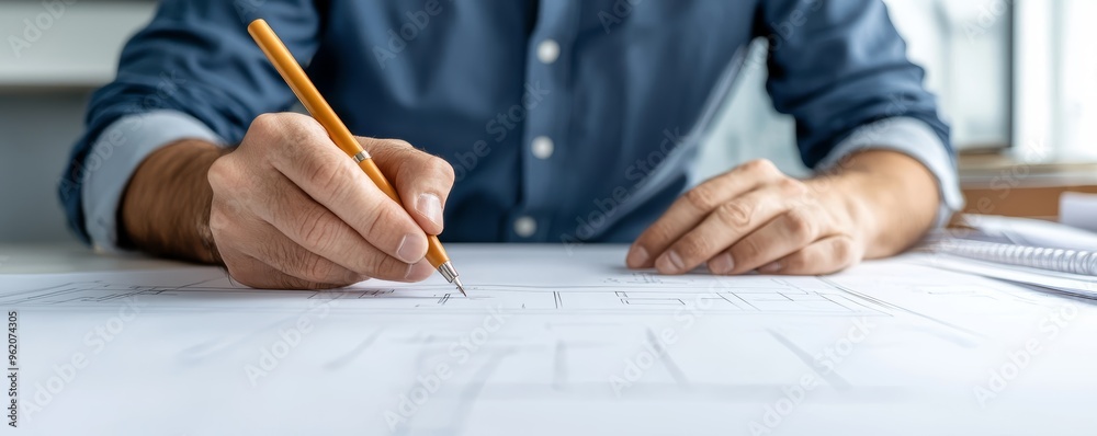 Naklejka premium Architect sketching on large blueprints, detailed hand and pen, professional design process, soft sunlight in modern office, creative technical work, precise planning