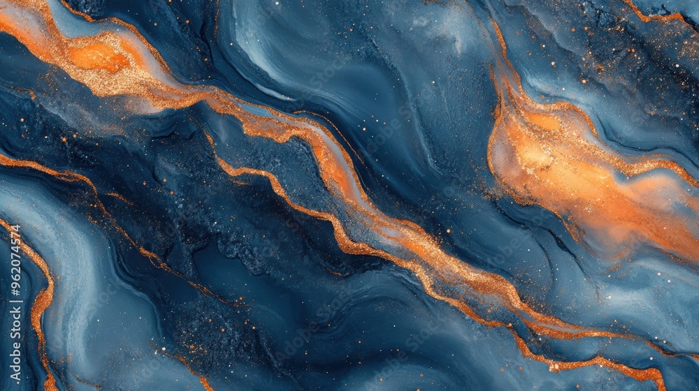 Obraz premium Abstract background featuring marble texture and gold glitter, blue marble background with cracked golden elements.